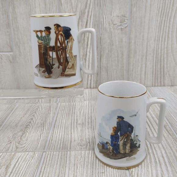VTG 1985 Norman Rockwell Lot of 2 Collectors Cups Gold Trim Looking out to Sea - Picture 1 of 9